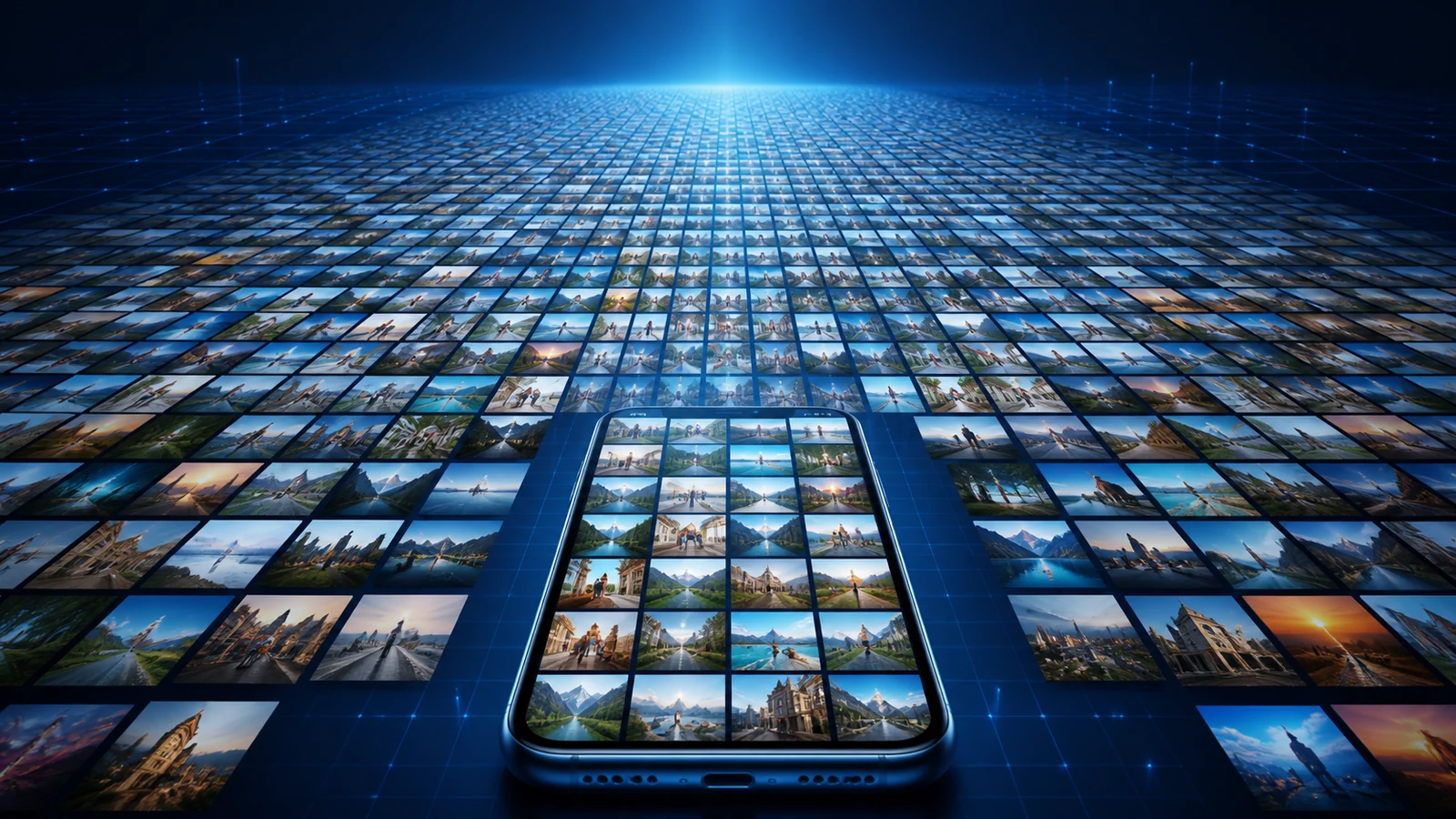 A phone gallery expanding into a vast field of organized photo thumbnails