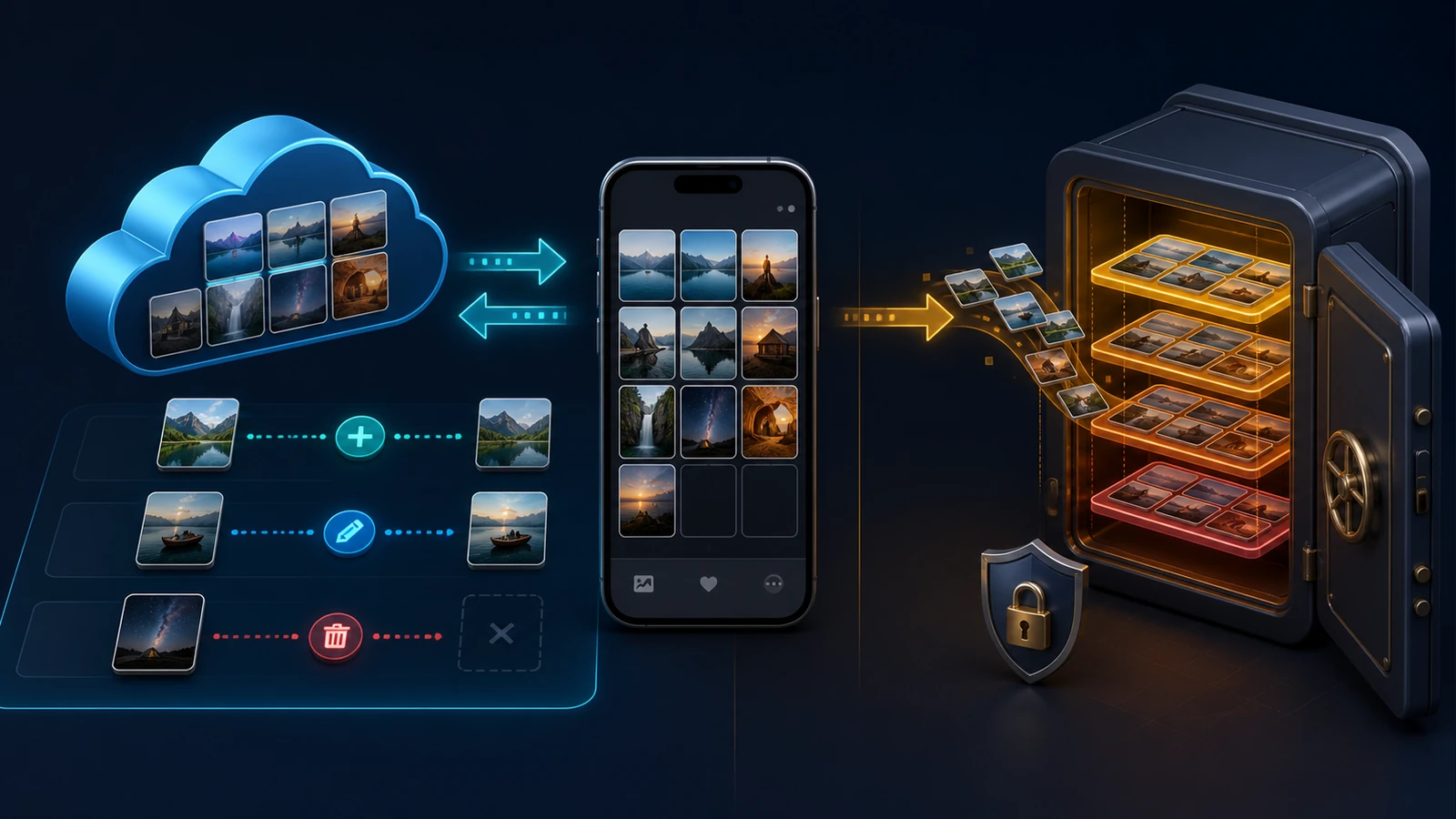 A phone gallery between a mirrored cloud library and a protected archive of separate file copies