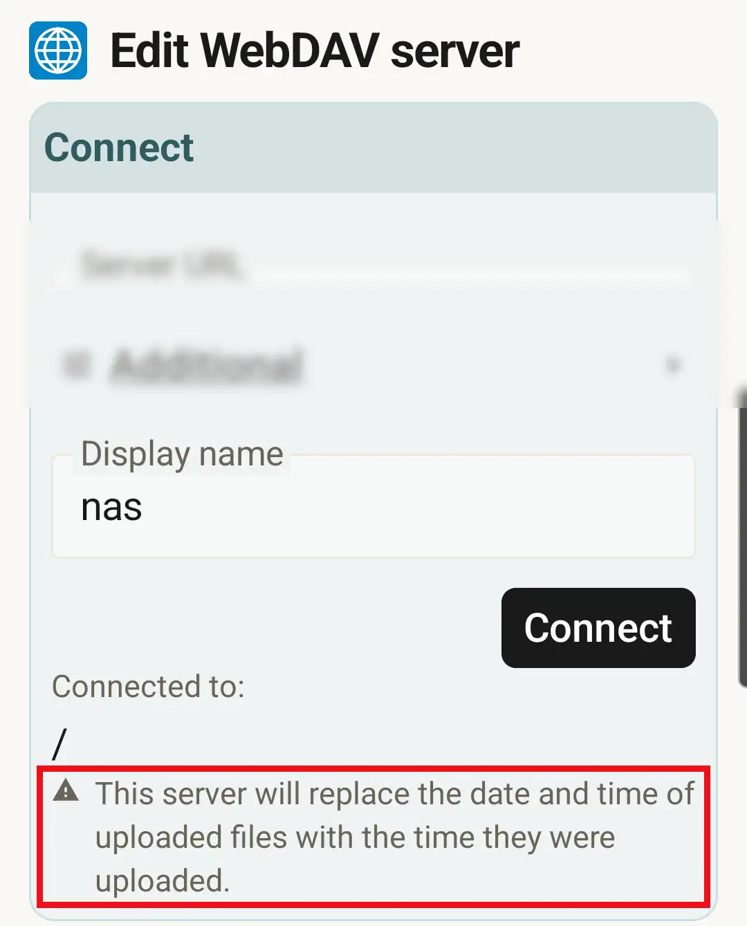 The WebDAV connection editor showing a notice that the server will replace file dates with the upload time