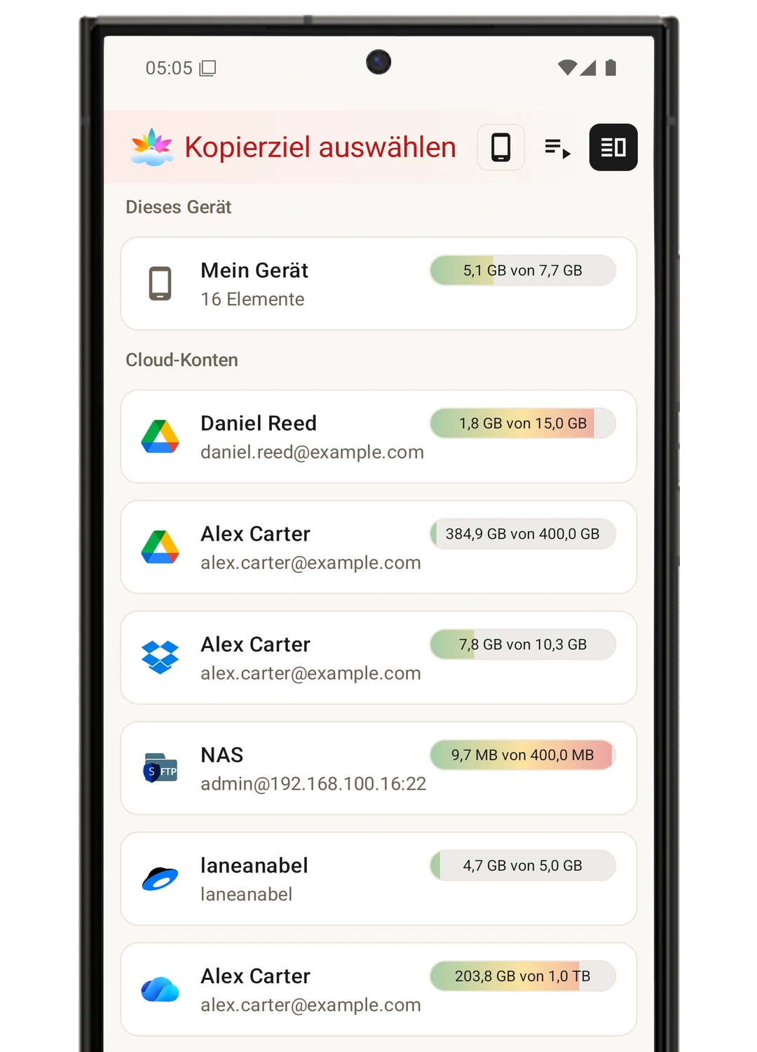 Dateien auf Gerät, Cloud und Server durchsuchen