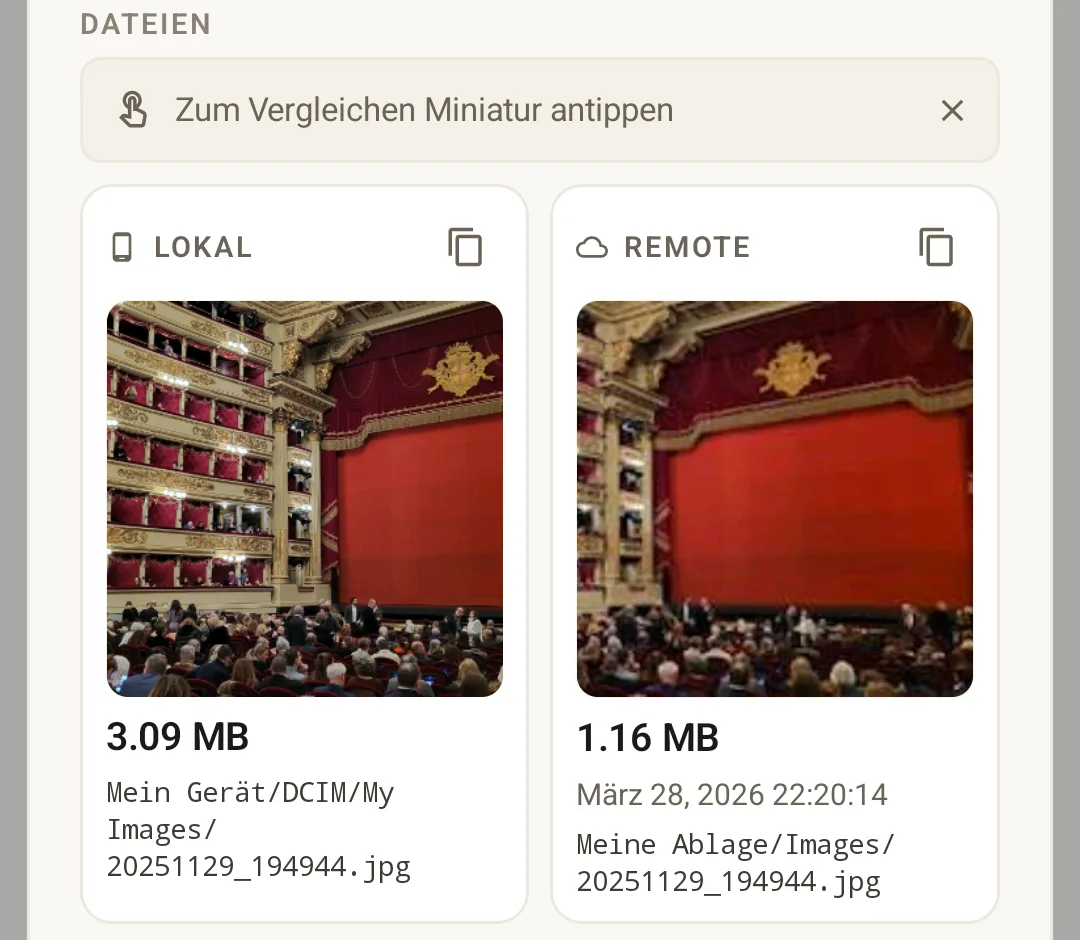 Review screen entries: a 'Delete on cloud' row for one photo, and an 'Update on device' row showing the device thumbnail and the cloud thumbnail side by side.