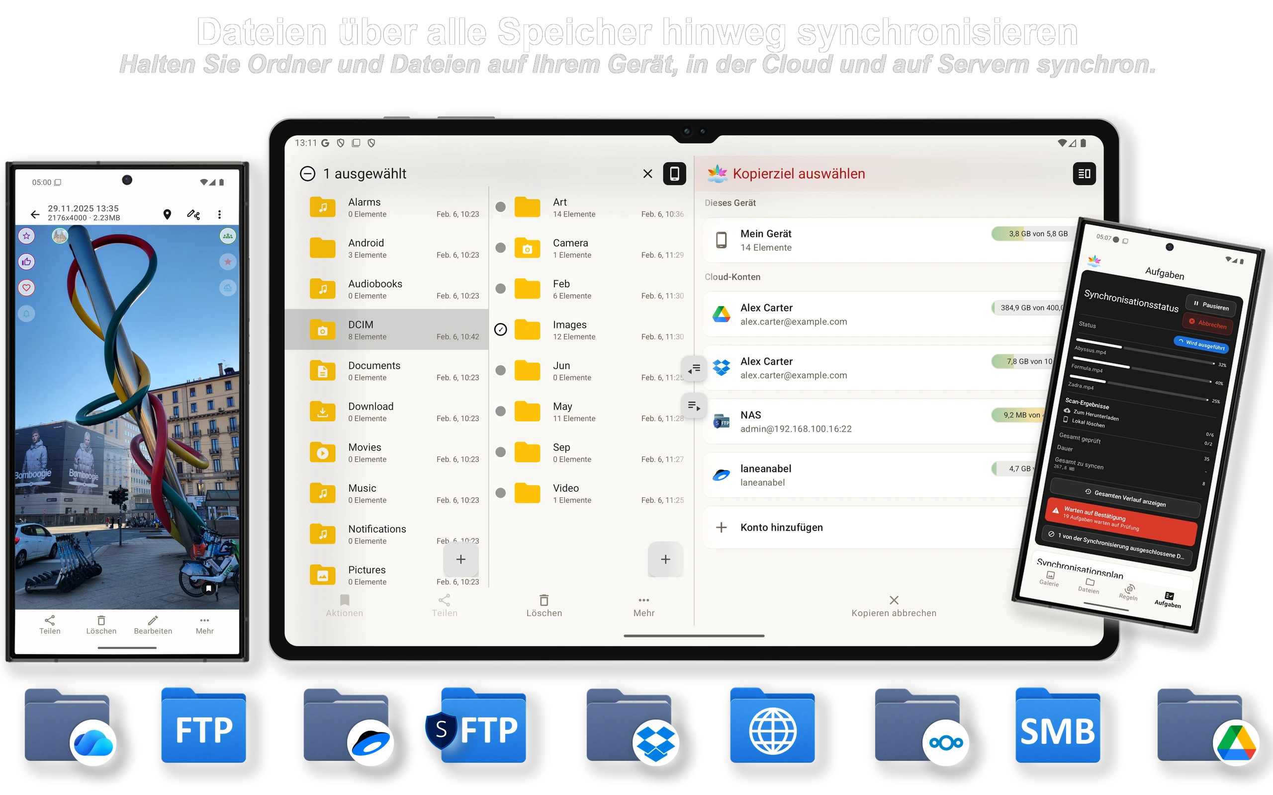 Dateien zwischen Gerät, Cloud und Server synchronisieren