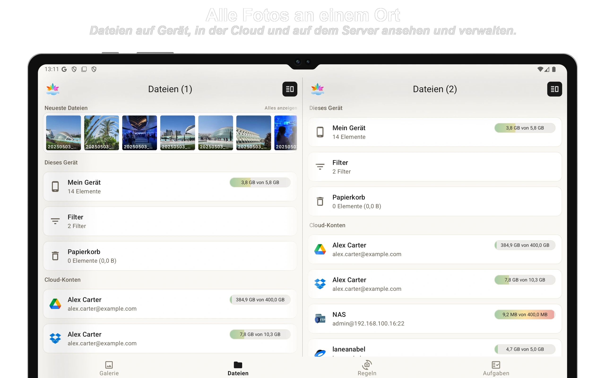 Dateien auf Gerät, Cloud und Server durchsuchen