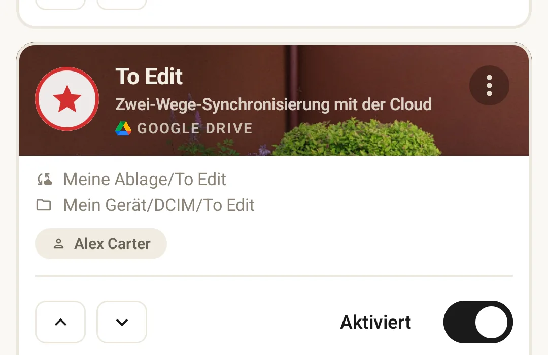 Sync rule card for a named destination, showing a cloud folder and an enabled sharing rule.