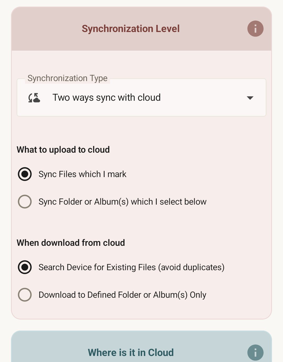 Rule type chooser with three cards: 'Backup albums or folders', 'Backup selected photos', and 'Download shared album'.