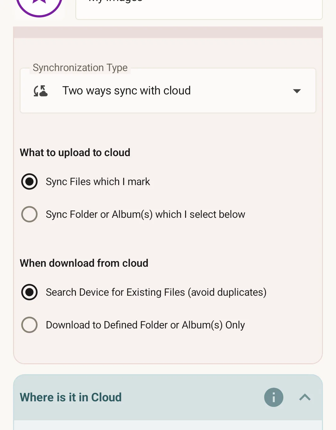 Rule type chooser with three cards: 'Backup albums or folders', 'Backup selected photos', and 'Download shared album'.