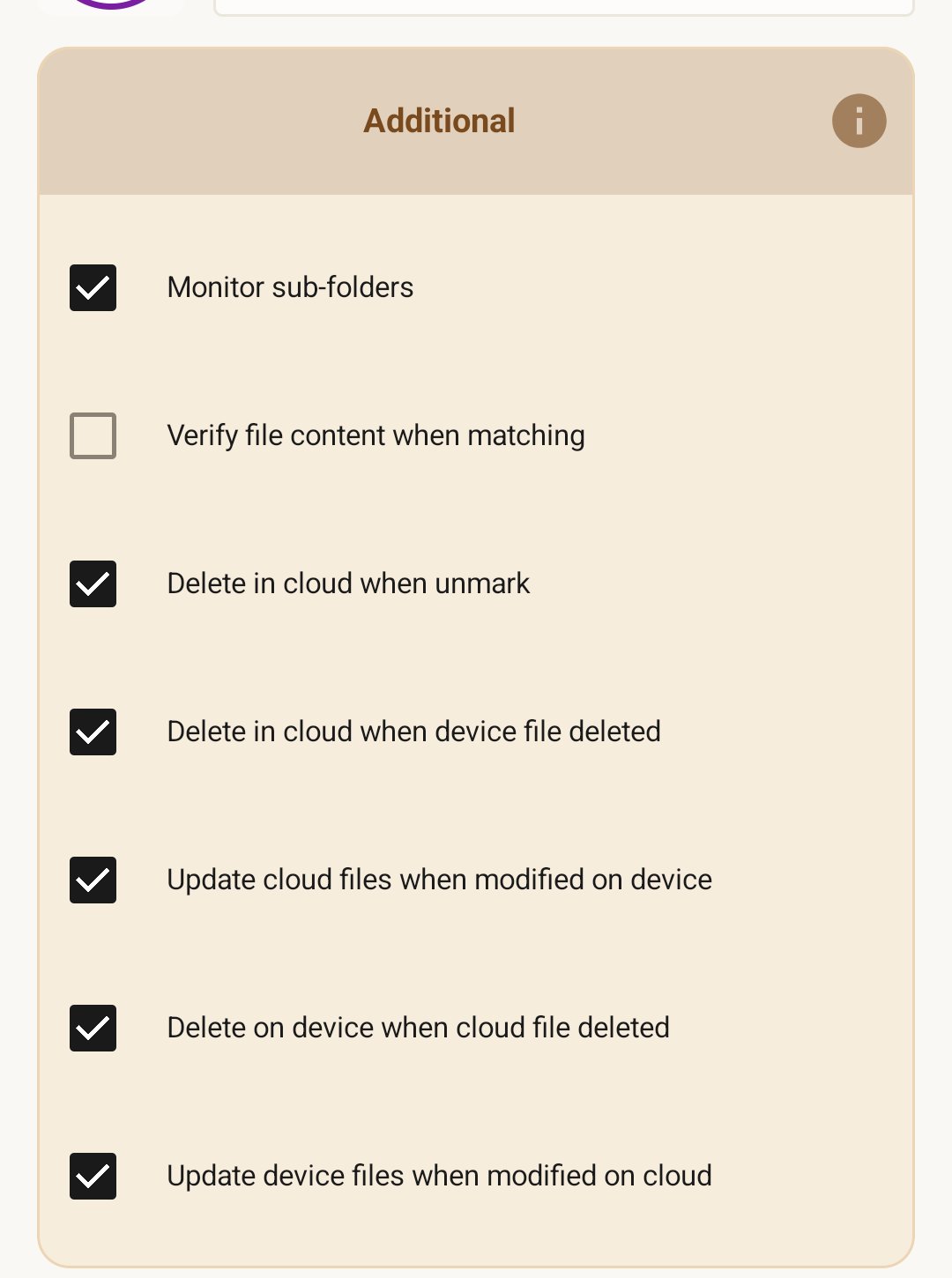 Rule behavior settings — four checkboxes: 'Delete in cloud when unmark', 'Delete in cloud when device file deleted', 'Update cloud files when modified on device', and 'Delete on device when cloud file deleted'.