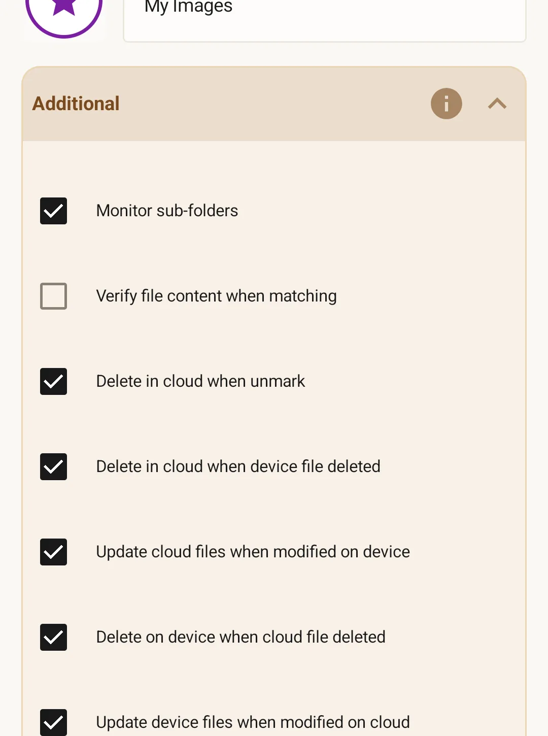 Rule behavior settings — four checkboxes: 'Delete in cloud when unmark', 'Delete in cloud when device file deleted', 'Update cloud files when modified on device', and 'Delete on device when cloud file deleted'.