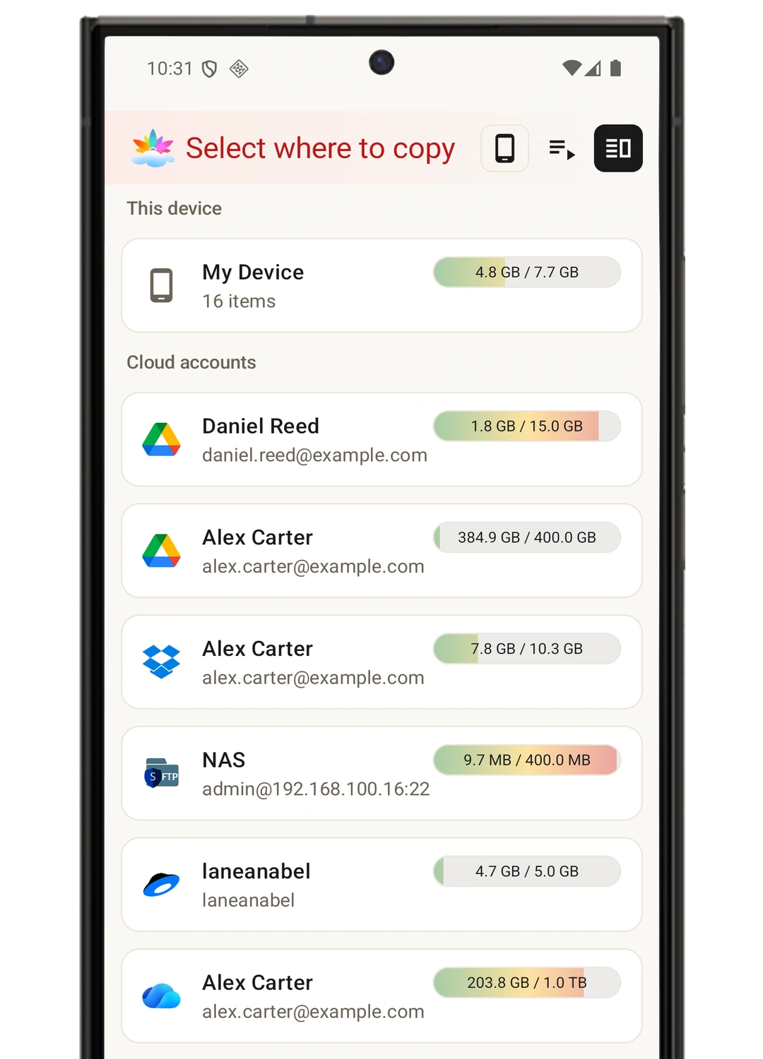 File Explorer for device, cloud, and server storage