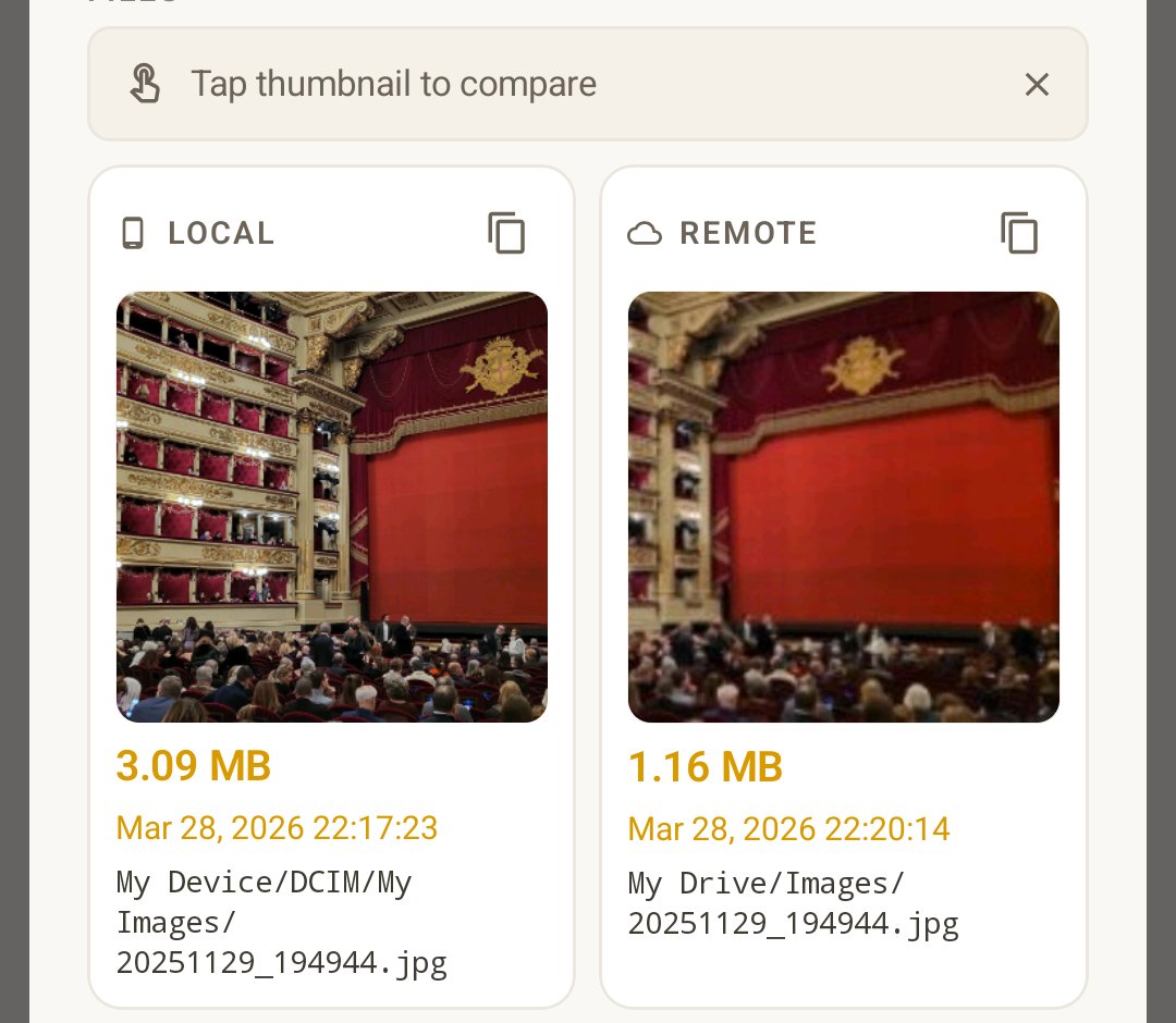 Review screen entries: a 'Delete on cloud' row for one photo, and an 'Update on device' row showing the device thumbnail and the cloud thumbnail side by side.