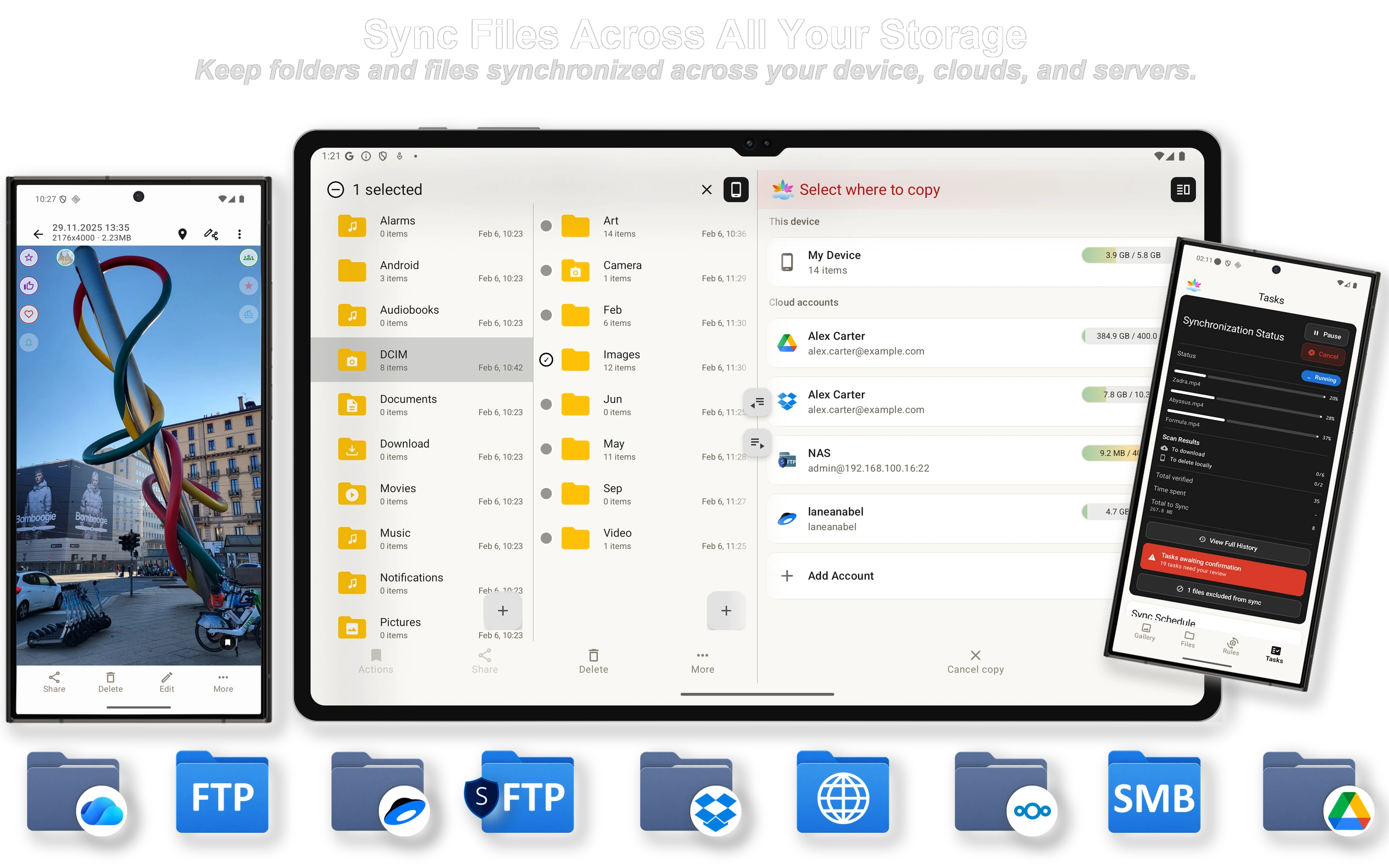 Sync files across device, cloud, and server storage