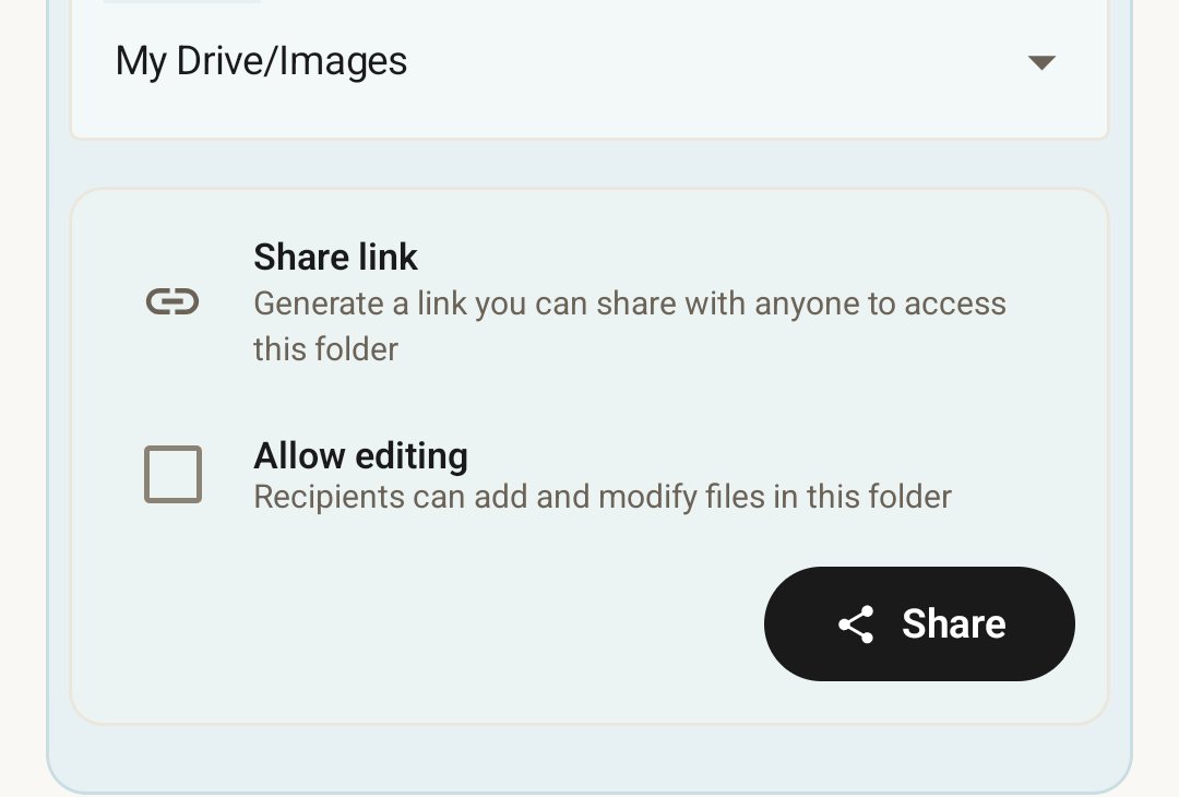 Cloud sharing dialog for generating an invite link to a shared destination folder.