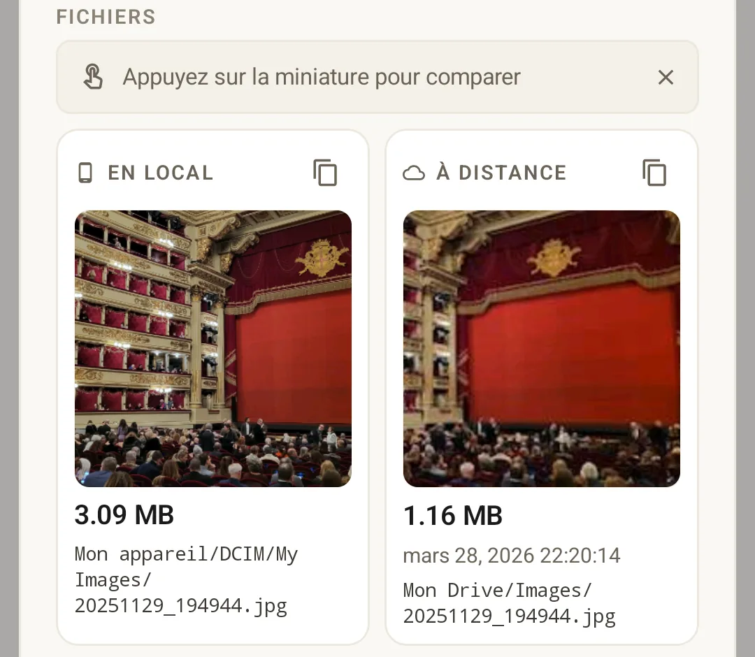 Review screen entries: a 'Delete on cloud' row for one photo, and an 'Update on device' row showing the device thumbnail and the cloud thumbnail side by side.