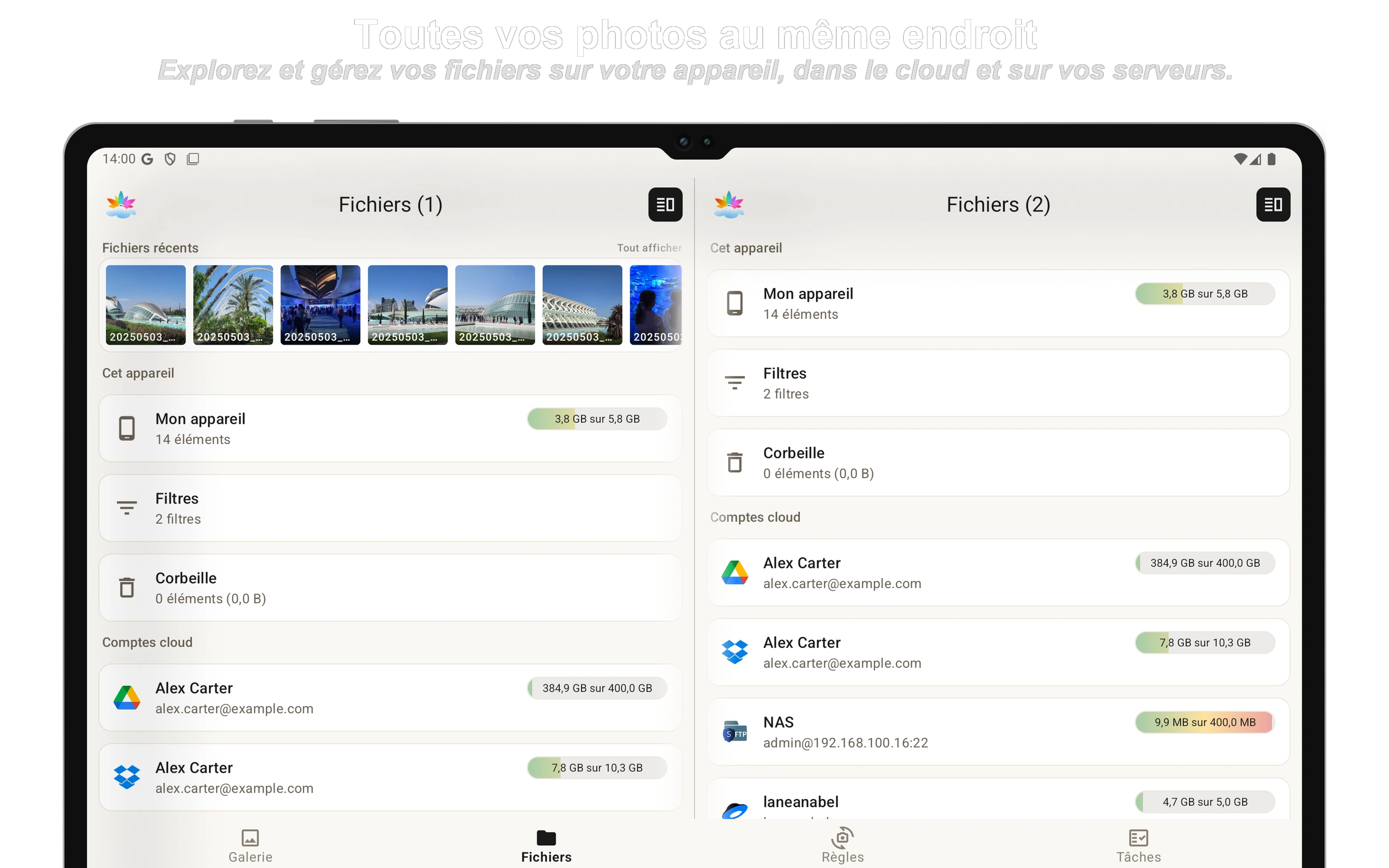 Exploration des fichiers sur l'appareil, le cloud et le serveur