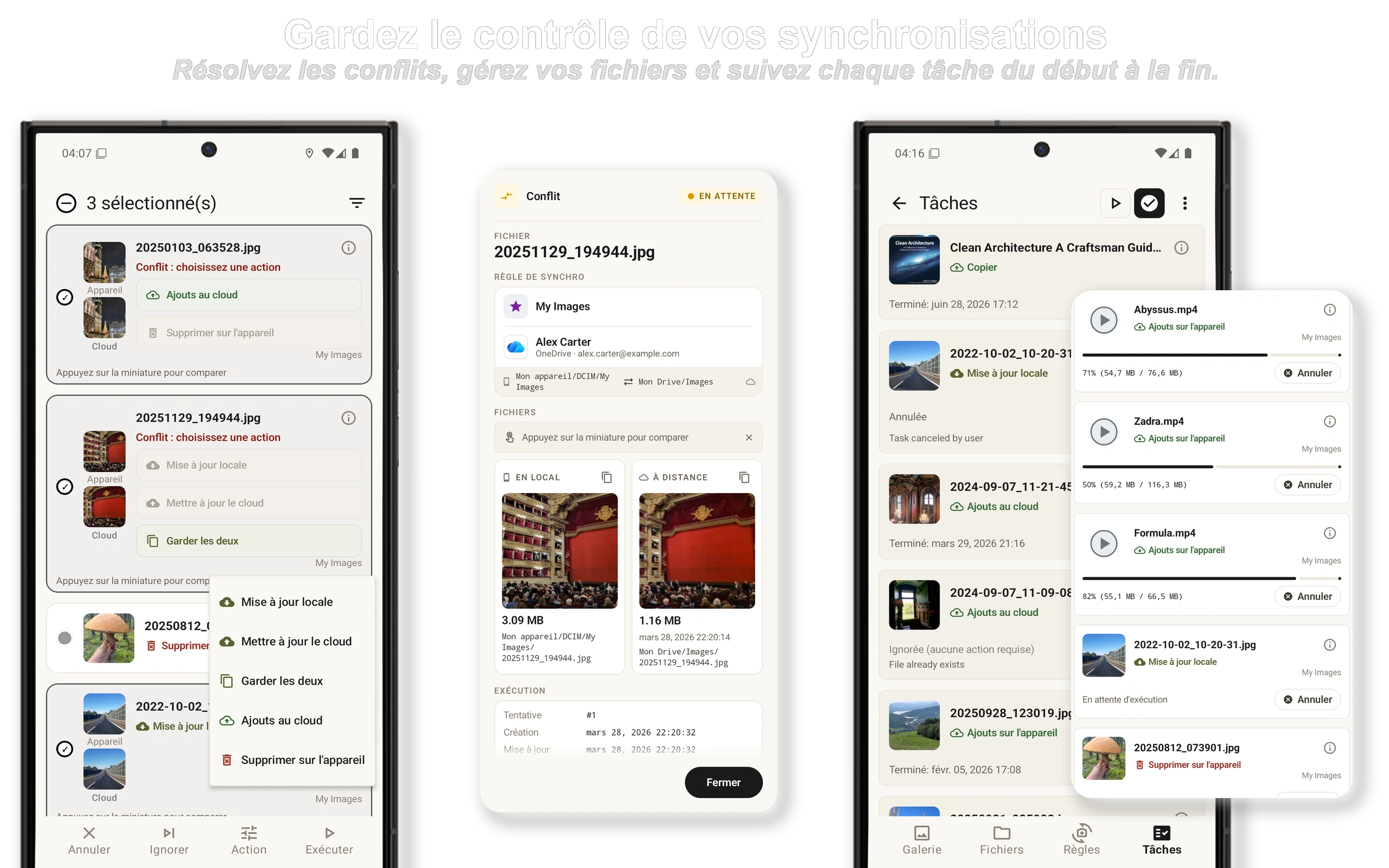 Progression du transfert par fichier et historique complet des tâches