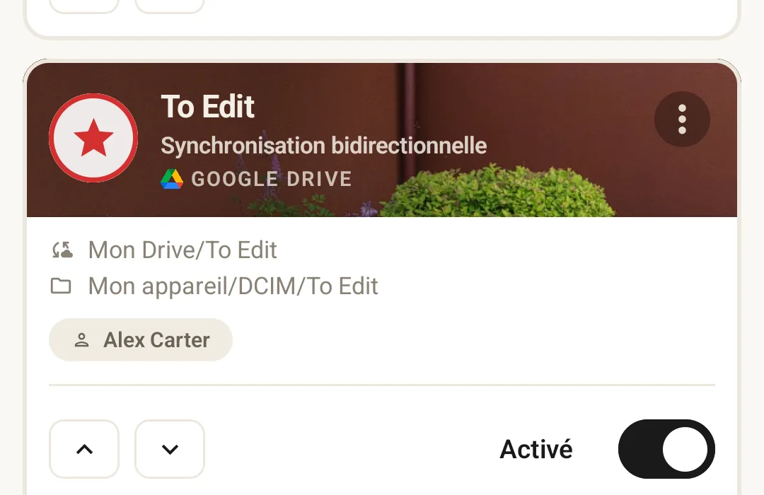 Sync rule card for a named destination, showing a cloud folder and an enabled sharing rule.