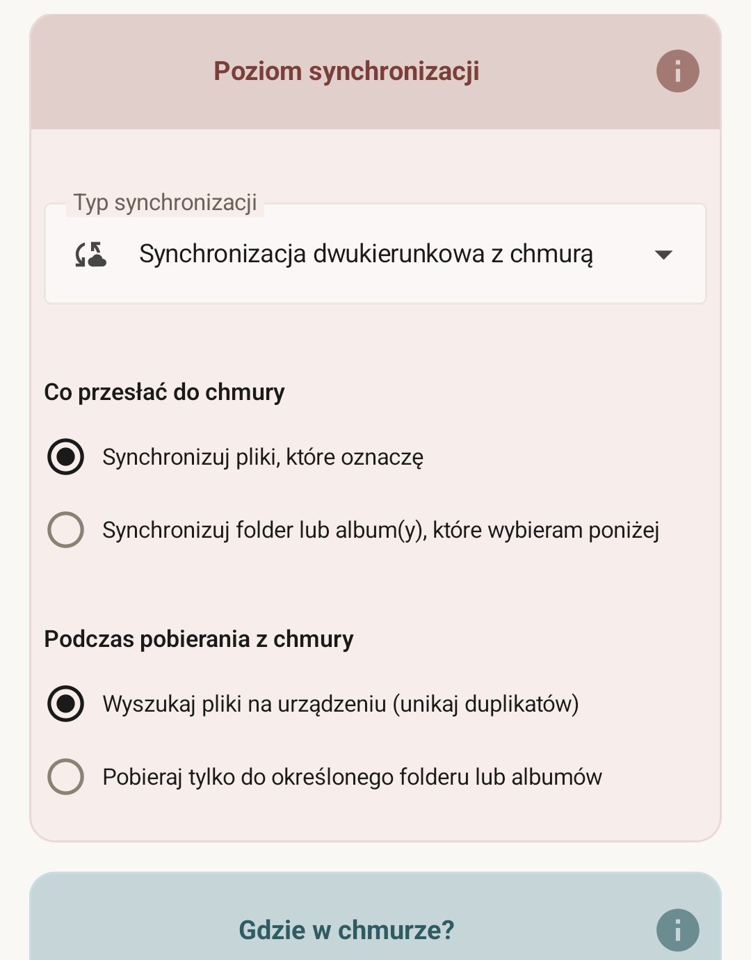 Rule type chooser with three cards: 'Backup albums or folders', 'Backup selected photos', and 'Download shared album'.