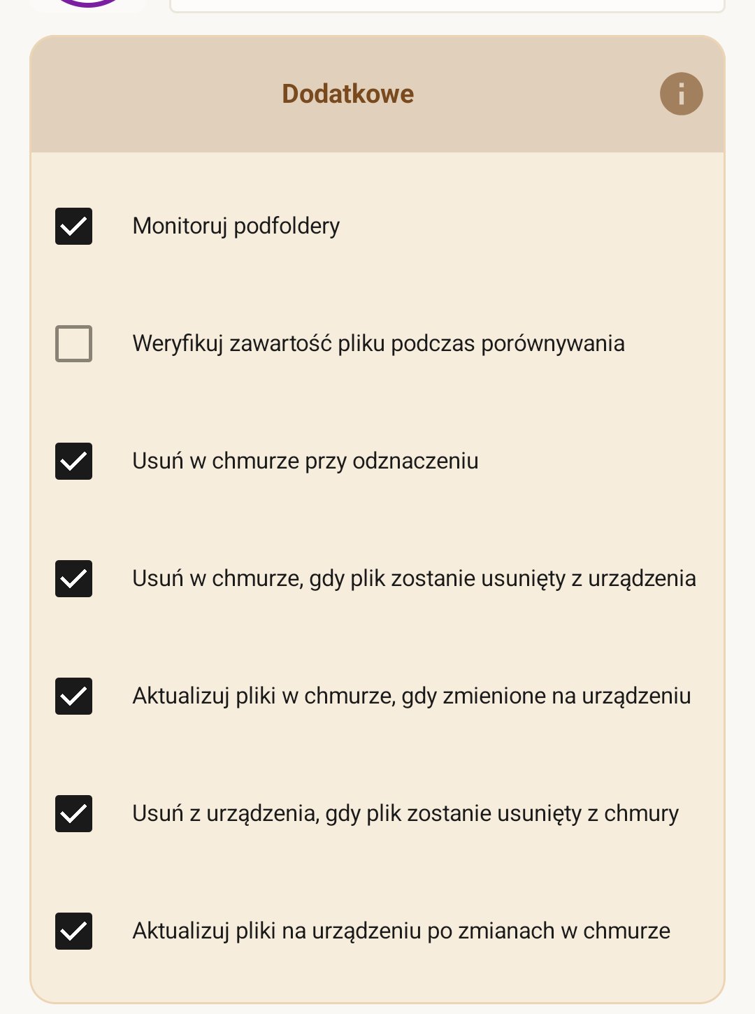 Rule behavior settings — four checkboxes: 'Delete in cloud when unmark', 'Delete in cloud when device file deleted', 'Update cloud files when modified on device', and 'Delete on device when cloud file deleted'.