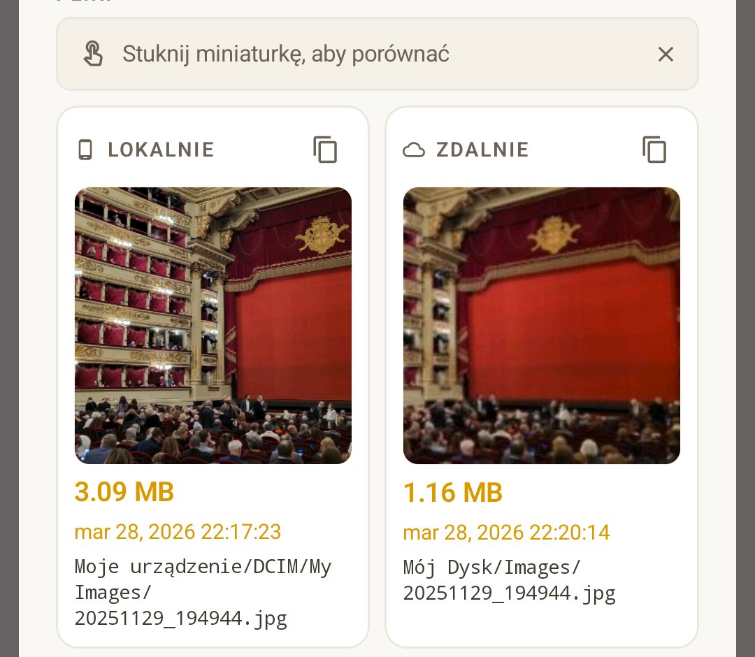 Review screen entries: a 'Delete on cloud' row for one photo, and an 'Update on device' row showing the device thumbnail and the cloud thumbnail side by side.