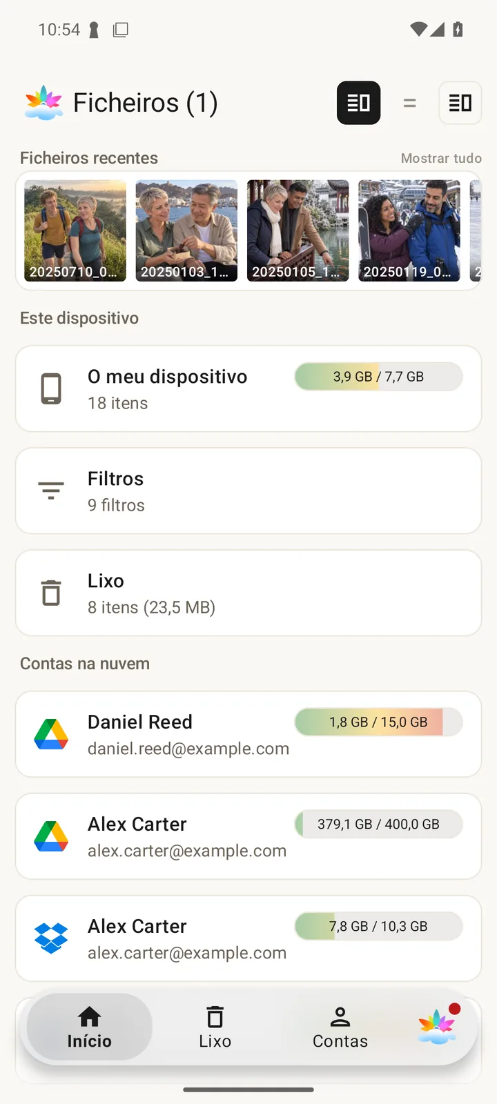 Pastas do dispositivo e armazenamento ligado nos Ficheiros da SyncGallery