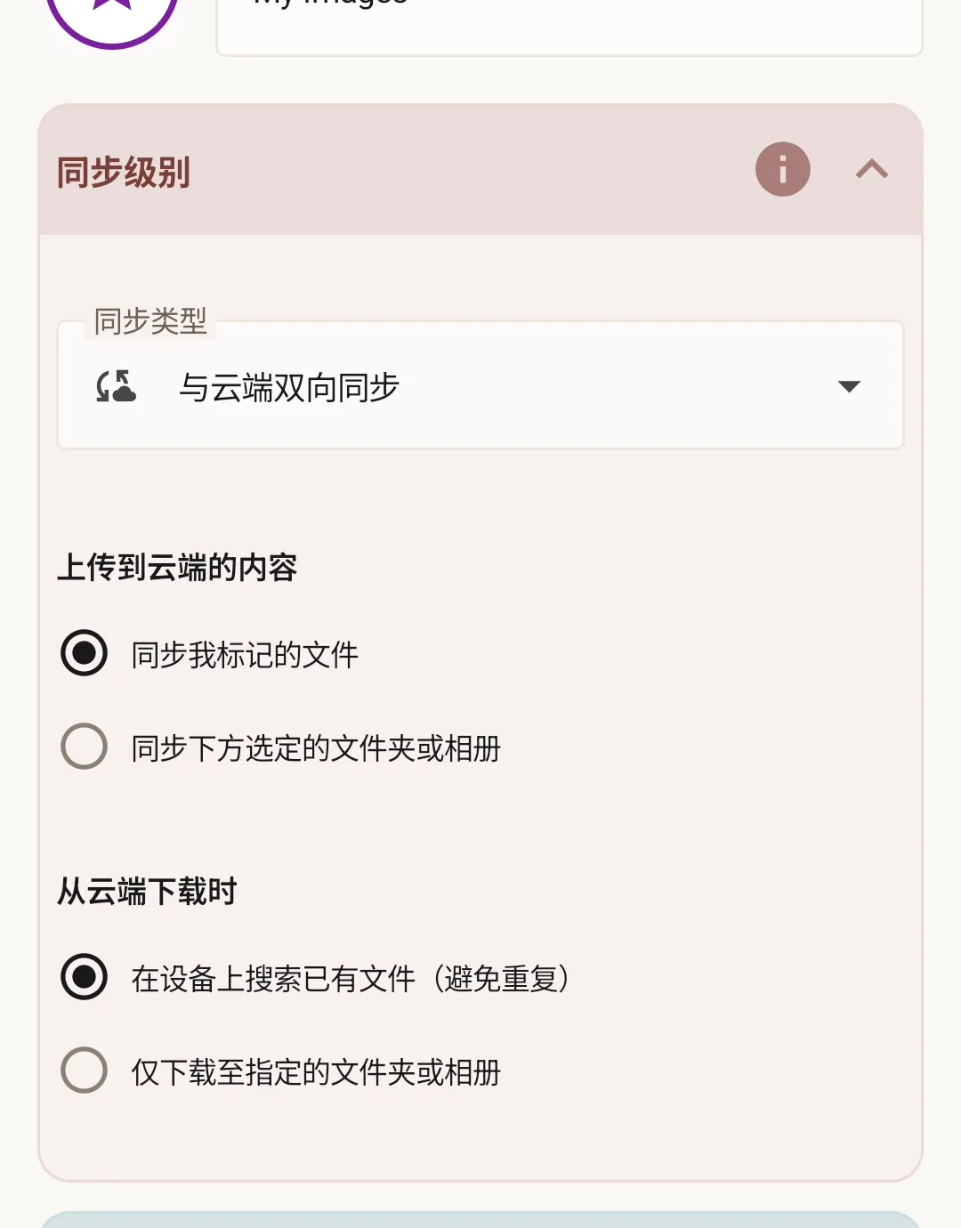 Rule type chooser with three cards: 'Backup albums or folders', 'Backup selected photos', and 'Download shared album'.