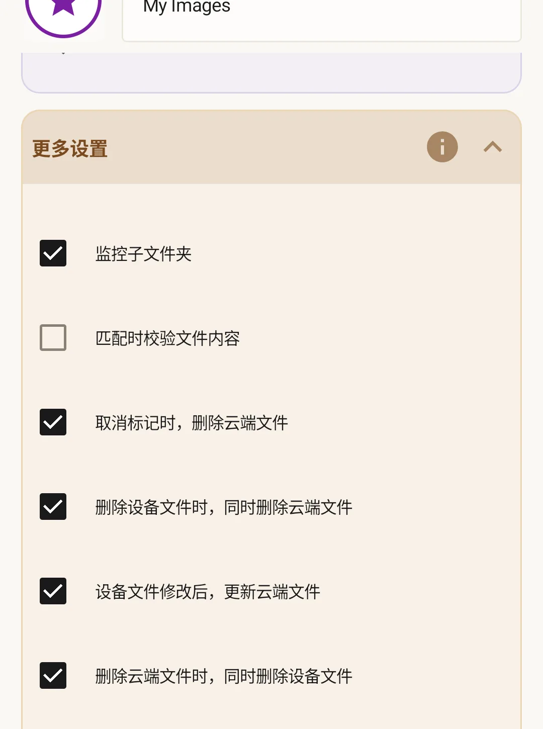 Rule behavior settings — four checkboxes: 'Delete in cloud when unmark', 'Delete in cloud when device file deleted', 'Update cloud files when modified on device', and 'Delete on device when cloud file deleted'.